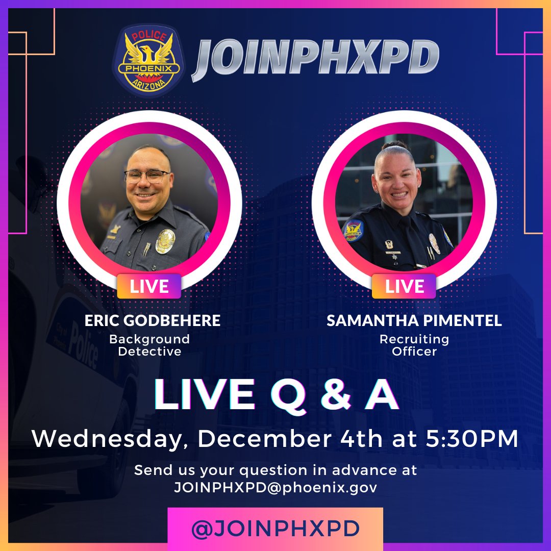 joinphxpd's tweet photo. Tune in to our Instagram LIVE Q&amp;A session this Wednesday at 5:30PM! Detective Godbehere and Officer Pimentel will be on hand to discuss everything about hiring and recruitment for #JOINPHXPD. Don't miss this opportunity to get your questions answered!

https://t.co/R1brXuxzof https://t.co/5Be7dnAVJv