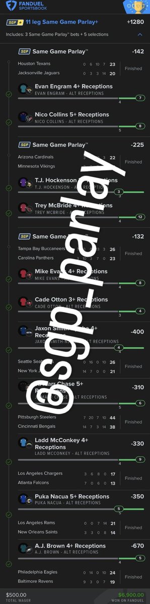 SGP_Parlay's tweet image. SENDING $500 TO A FOLLOWER THAT RETWEETS &amp;amp; LIKES THIS POST‼️

BANG 🔥🏈

✅ 11 leg Receptions Lotto (+1280)

$500 ➡️ $6,900

DISCORD MEMBERS MADE BREAD 🙌

All plays posted in discord, link in bio!

#Fanduel #GamblingX #GamblingCommunity #GamblingTwitter #Giveaway #Lotto #Parlay