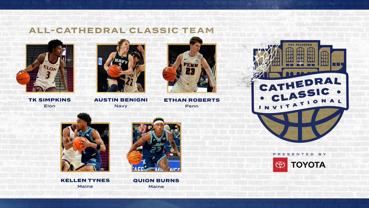 CathClassic's tweet image. Your 2024 𝗔𝗹𝗹-𝗖𝗮𝘁𝗵𝗲𝗱𝗿𝗮𝗹 𝗖𝗹𝗮𝘀𝘀𝗶𝗰 𝗧𝗲𝗮𝗺 ⭐️
TK Simpkins • @ElonMBasketball
Kellen Tynes • @MaineMBB
Quion Burns • @MaineMBB
Austin Benigni • @NavyBasketball
Ethan Roberts • @PennMBB
#CCI24 x @Toyota