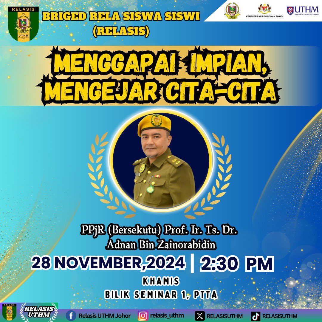 RELASISUTHM's tweet photo. Kelas Kokurikulum Berkredit RELASIS I Seksyen 1 UTHM Parit Raja Semester 1 Sesi 2024/2025

Pengajar: 
* PPjR (Bersekutu) Prof. Ir. Ts. Dr. Adnan bin Zainorabidin
* Puan Hafizah binti Muhammad Elham

Tarikh: 28 November 2024 https://t.co/HjDsHlMphU