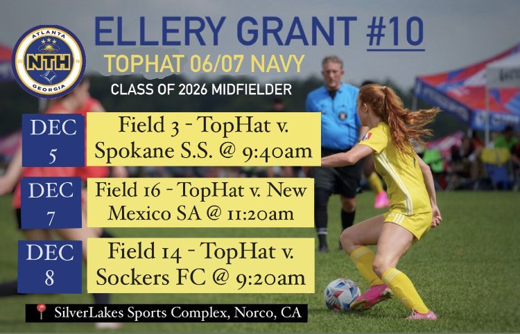 Ellery Grant (@ellerygrant2026) on Twitter photo So excited for some great competition this week in California!
<a href="/GAcademyLeague/">Girls Academy</a> <a href="/TopDrawerSoccer/">TopDrawerSoccer</a> <a href="/PrepSoccer/">Prep Soccer ⚽️</a> <a href="/TheSoccerWire/">SoccerWire</a> <a href="/GeorgiaSoccer/">Georgia Soccer</a> <a href="/USYNT/">U.S. Soccer YNT</a> <a href="/ImYouthSoccer/">ECNL/GA/Recruiting/College Soccer</a> <a href="/mattsmithsoccer/">Matt Smith</a> <a href="/JREskilson/">J.R. Eskilson</a> <a href="/ImCollegeSoccer/">College Soccer Truth ™</a> <a href="/travismclark/">Travis Clark</a> <a href="/collegesoccercr/">College Soccer Creator</a> <a href="/scoutingzone/">ScoutingZone®</a> So excited for some great competition this week in California!
<a href="/GAcademyLeague/">Girls Academy</a> <a href="/TopDrawerSoccer/">TopDrawerSoccer</a> <a href="/PrepSoccer/">Prep Soccer ⚽️</a> <a href="/TheSoccerWire/">SoccerWire</a> <a href="/GeorgiaSoccer/">Georgia Soccer</a> <a href="/USYNT/">U.S. Soccer YNT</a> <a href="/ImYouthSoccer/">ECNL/GA/Recruiting/College Soccer</a> <a href="/mattsmithsoccer/">Matt Smith</a> <a href="/JREskilson/">J.R. Eskilson</a> <a href="/ImCollegeSoccer/">College Soccer Truth ™</a> <a href="/travismclark/">Travis Clark</a> <a href="/collegesoccercr/">College Soccer Creator</a> <a href="/scoutingzone/">ScoutingZone®</a>