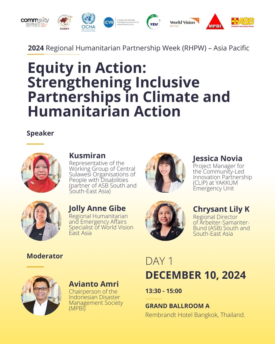 asb_ssea's tweet photo. Join us at #RHPW2024 on Dec 10 for "Equity in Action: Strengthening Inclusive Partnerships in Climate & Humanitarian Action." 🌍💡
📍13:30–15:15, Ballroom A
Let’s amplify voices & build equitable solutions together! #InclusivePartnerships #EquityInAction https://t.co/y6BzwLql7A
