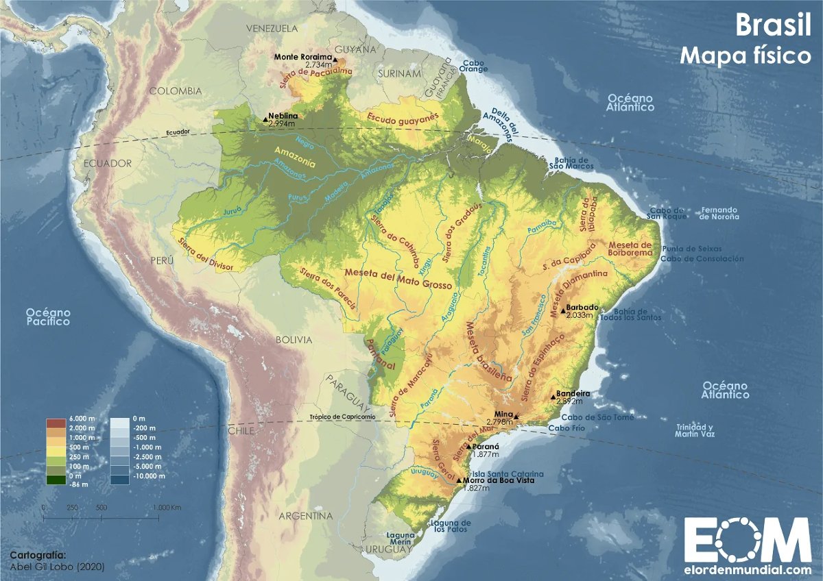 🇧🇷 Brasil está dividido en tres unidades fisiográficas:

👉 El gran macizo brasileño que cubre los dos tercios meridionales del país.

👉 La cuenca del Amazonas, que ocupa la mayor parte del tercio norte.

👉 El macizo guayanés, en el extremo norte.
elordenmundial.com/mapas-y-grafic…