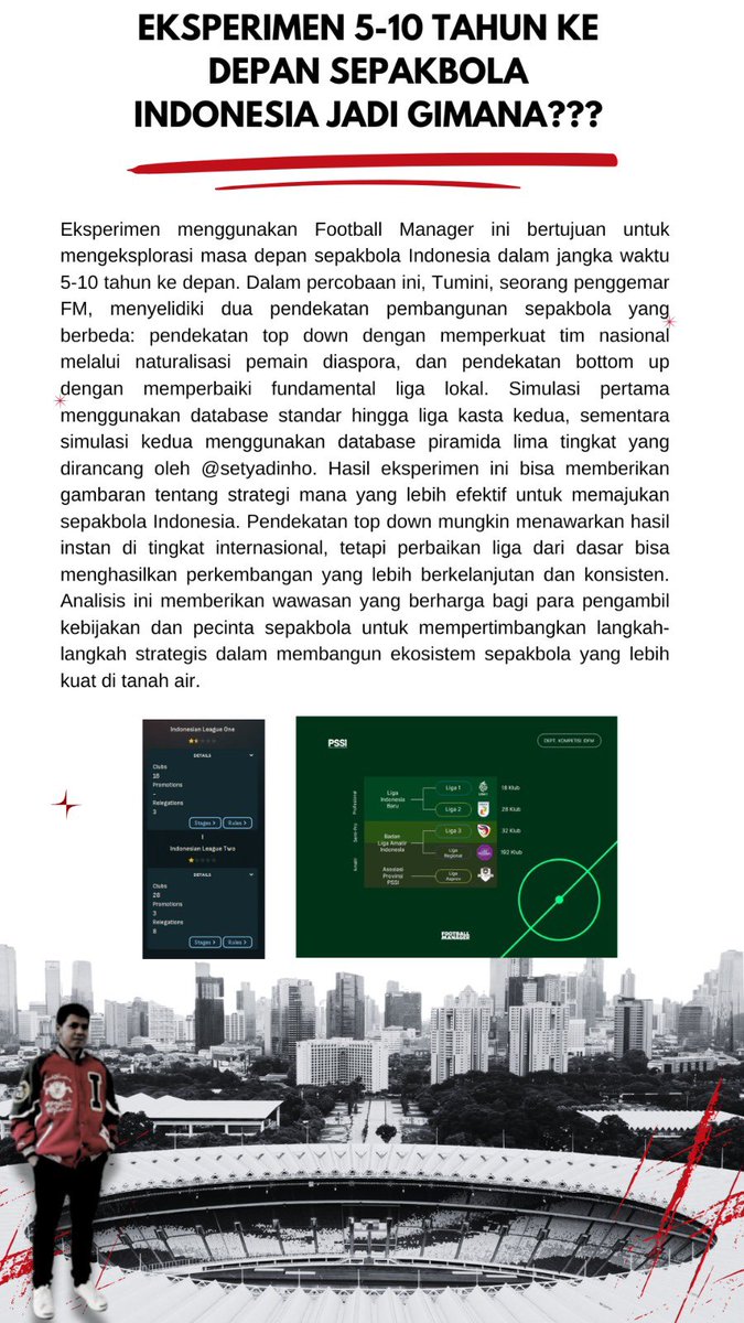 Berawal dari twit beberapa waktu lalu. Tumini membuat simulasi 10 tahun sepakbola Indonesia ke depan dengan menggunakan database piramida liga 5 kasta <a href="/setyadinhoFM/">setyadinho</a>  sebagai pembanding sistem liga yang saat ini berjalan. Penguatan sepakbola dari hilir ke hulu (timnas) vs