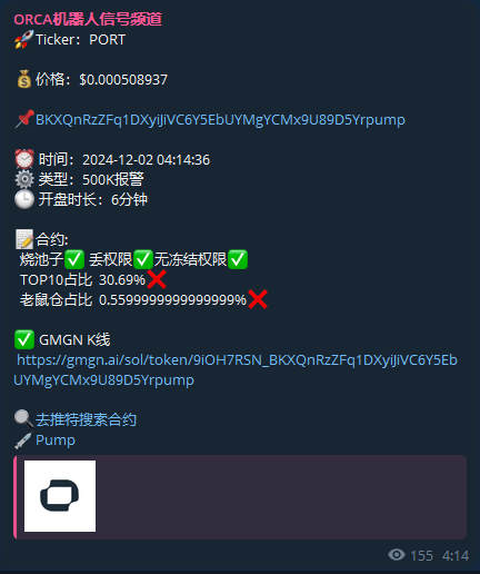 orcadogs's tweet photo. $PORT 凌晨的速通盘， 这个被机器人第6分钟抓到，随后在第20分钟1M算法又报警了。而且这个盘子也是一个良心盘。为什么呢？因为这个币在500k市值左右大概徘徊了20分钟，给了散户低价的筹码。
        有一部分群友，看到机器人报了信号就冲，我强烈反对这样。机器人报的都是根据一定的算法报的潜在热门，到底是不是潜在金狗，你只能使用虎哥的量能教程自己做过滤。
        具体我们可以分析下这个币，此币第一分钟成交量为30万美金，第一分钟收盘价0.0002863 usd。筹码100%换手。这种现象预示着庄家可能在分钱包，因为内盘是2分钟pump完毕的，很多币如果不分钱包，去掉显性的老鼠仓展示，那么散户可能不会买账的。第一分钟其实无法看出什么的，很多垃圾也是这样的。
        500k算法是第四分钟报的，有可能是热门，打开网页继续观察。此后大概20分钟这个币并没有明显的拉升。
       一直到1M工具报警，此时是4：28分。此时我们看到这个币从开盘到1M工具报警，时间过了20分钟。
      那么到底如何上车呢？之前教程里面说过量价配合。到了4：32分之后，这个币的趋势已经明朗。4：32分钟这个币的成交量来到了最高分钟成交量65万美金，价格来到了当前的最高价0.0018.这就是典型的量价配合，这个量能比之前任何的都大，价格也创了新高。 （可以看图中的2个绿色箭头）
       有的币的绝对量能大，有的币的绝对量能小。有M级别量能的割子，也有分钟成交量几十万美金的金狗。只要量价配合的好，那么是金狗的概率越大。
       很多币你如果从量价配合，盘面是否稳的角度去看，那么就可以去除95%的垃圾了。
       如果你总想着拿低价筹码而不是去分析一段确定的趋势，你可能总会被割。低价筹码大多数情况下非常危险，因为趋势不明朗，你不知道这个币到底是死狗还是金狗。但是通过量价分析，比如上述的port，你大概可以在1-2M市值左右进行尝试。因为这个时候相对量能上来了，价格起来了，庄家花钱了。你就跟着喝点汤。
        后续这个币也最高收到了17m左右。金狗2号预报系统也在15m预报。金狗2号预报可以正反看，如果市值相对太高，比如本次预报在15m，你就可以阶段性的止盈。我总说如果你有潜在大金的底仓，那么你完全可以等等金狗2好预报后再止盈。
CA：
BKXQnRzZFq1DXyiJiVC6Y5EbUYMgYCMx9U89D5Yrpump