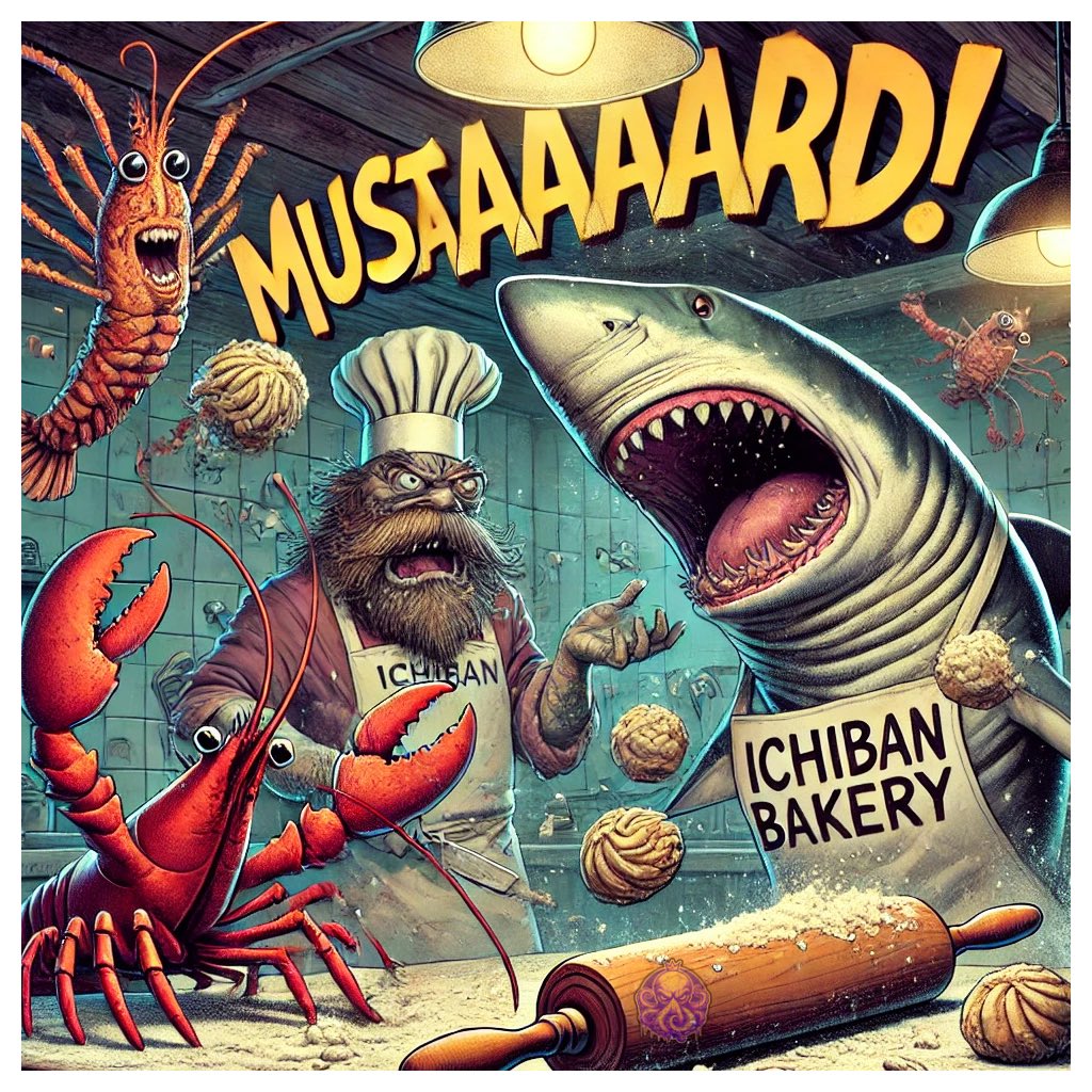 Guppyinchief's tweet photo. @Fayala_brash @Suiemoto_XRP @barkmeta @crypto_bitlord7 @textrpsms @FinTheSharkXRPL @ICHIBANxrp Pastries are flying, flour clouds the air, and Fin’s rolling pin lands where it counts. Ted’s juggling chaos, and The Finster? She’s loving every second of the mayhem. This isn’t a bakery—it’s a battlefield.
#MUSTAAAARD #FinTheShark #TentacleTed #TheFinster #GrittyComics https://t.co/AzCXtMmcuD