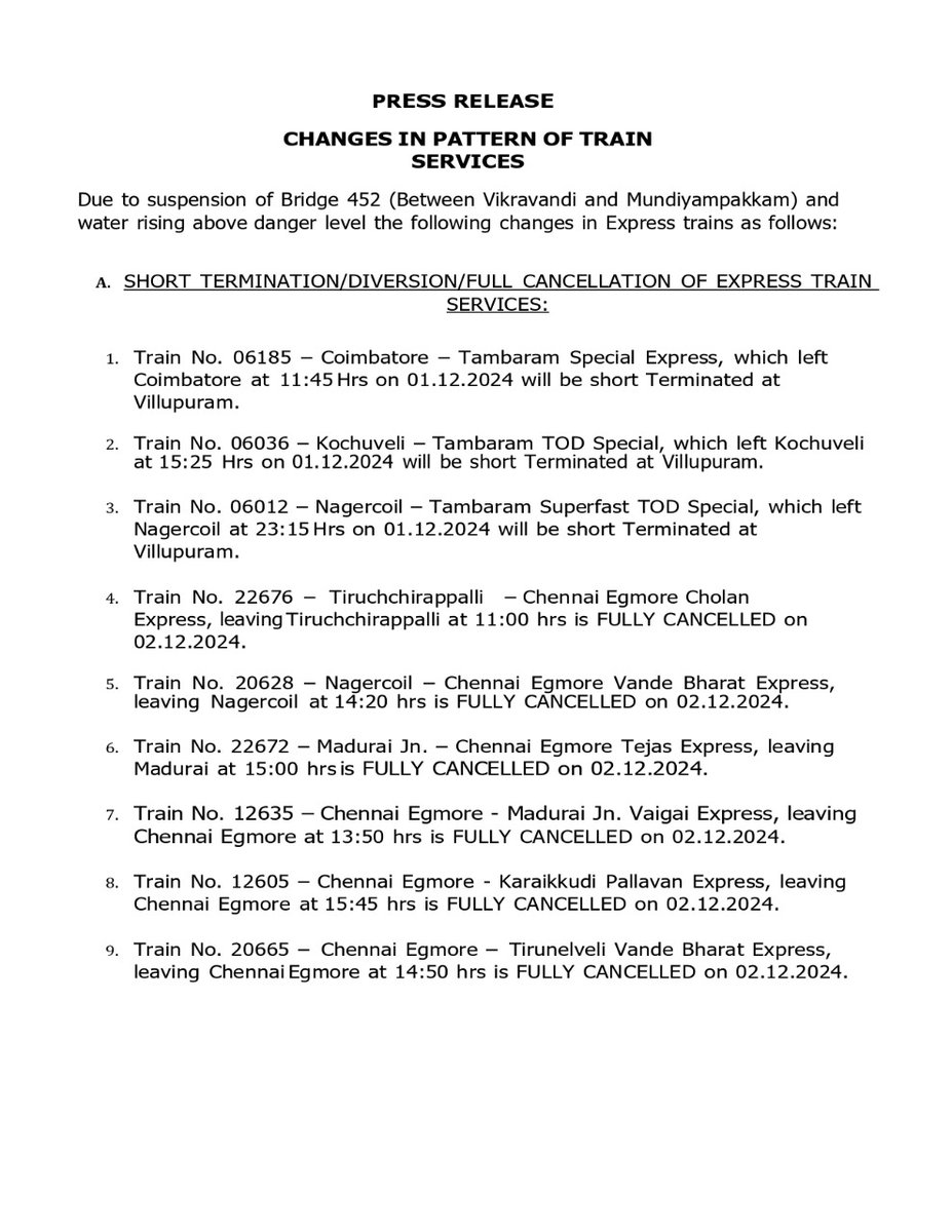 DRMTPJ's tweet image. Short Termination, Diversion and full cancellation of trains due to suspension of Bridge 452 (Between Vikravandi and Mundiyampakkam) &amp;amp; water rising above danger level

Passengers are requested to take note on this

#SouthernRailway #CycloneFengal #CycloneAlert