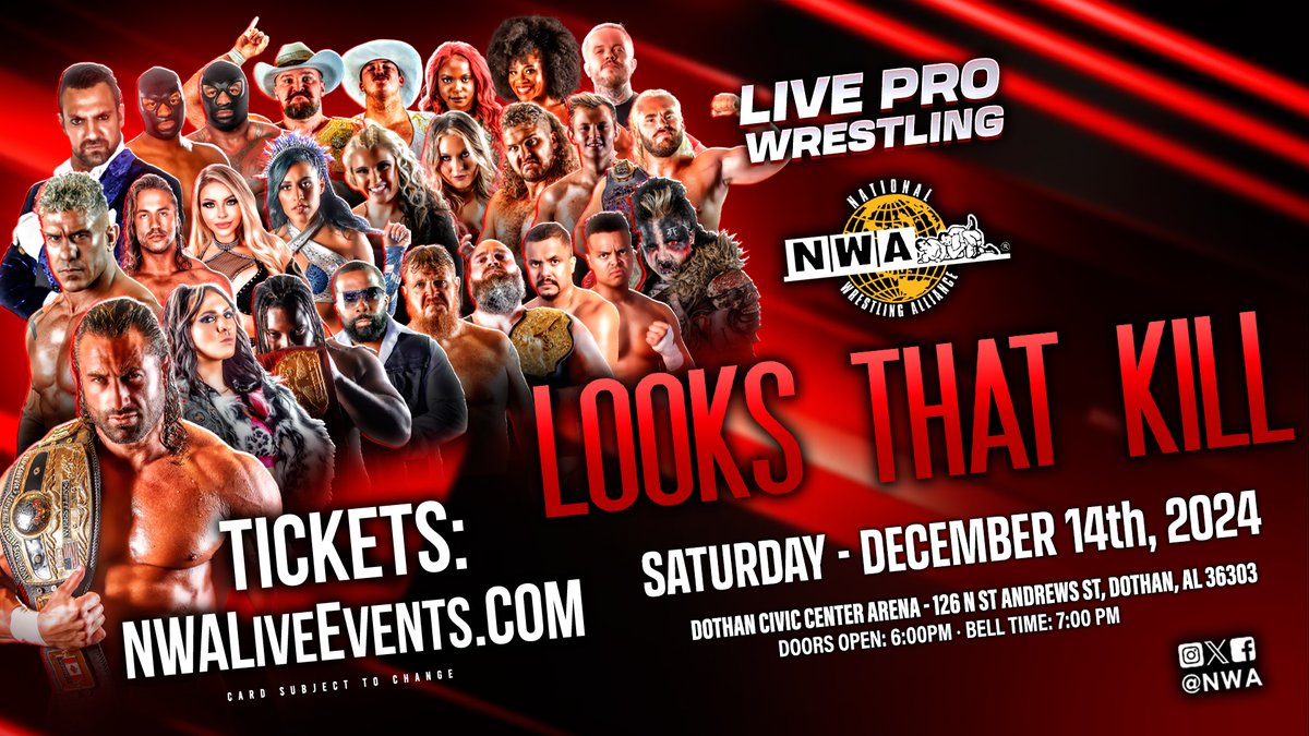 nwa's tweet image. IT'S TIME!!! Tickets for LOOKS THAT KILL in Dothan, AL (and all live events) are 20% OFF using code: CYBER

Get yours now!

🎟️NWALiveEvents.com