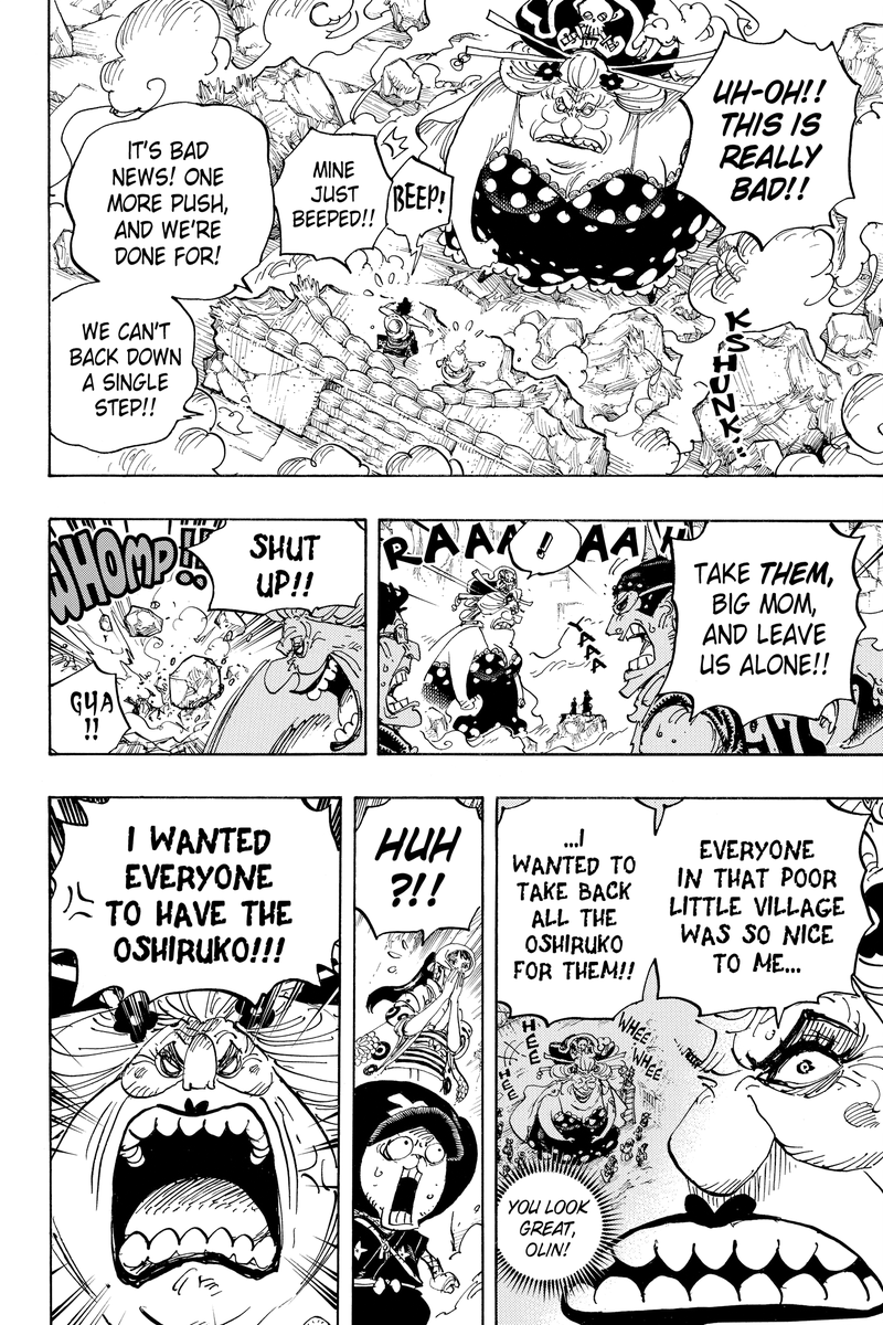 Da_Pikmin_Coder's tweet photo. I'm really fascinated by this scene. I think it's largely overlooked how Big Mom's transgression with Luffy parallels his transgression with Kaido. "You ate more food than you needed, now there's not enough food for everyone, it's your fault." https://t.co/OQXadtKytw