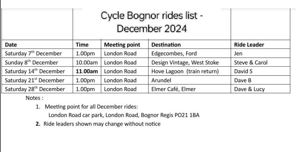 cyclebognor's tweet image. Our December rides list...here's what's planned.
Check our Facebook page for any updates!