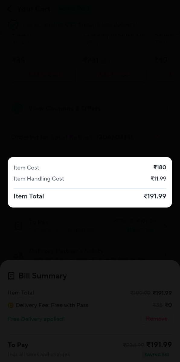 ak4tsay1's tweet photo. Dear #Zepto, please care to explain. For the exact same items, same location, and same Zepto pass features, you are charging 12 Rs as handling fee from one account, and almost 50% extra, 17 Rs from other account.

Why is there such difference of pricing?

@ZeptoNow @zeptocares https://t.co/OYFvje1BIe