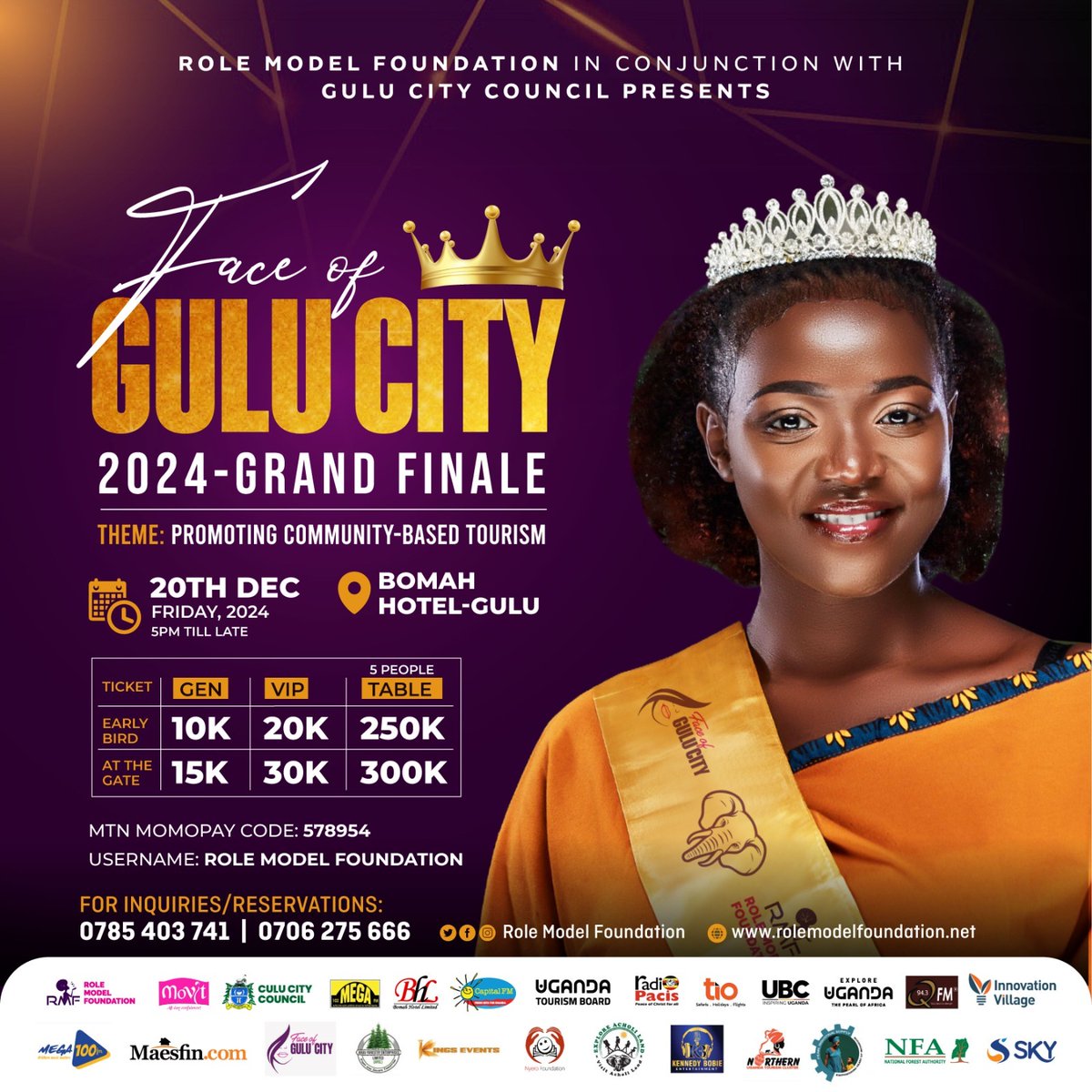 AD: Pageant enthusiasts, join us for the #FaceOfGuluCity2024 grand finale, where finalists from Acholi Sub region will compete for the crown under the theme "Promoting Community-Based Tourism."
Get your early bird tickets now!

📅: 20/12/2024
📍: Bomah Hotel-Gulu
#UBCUpdates