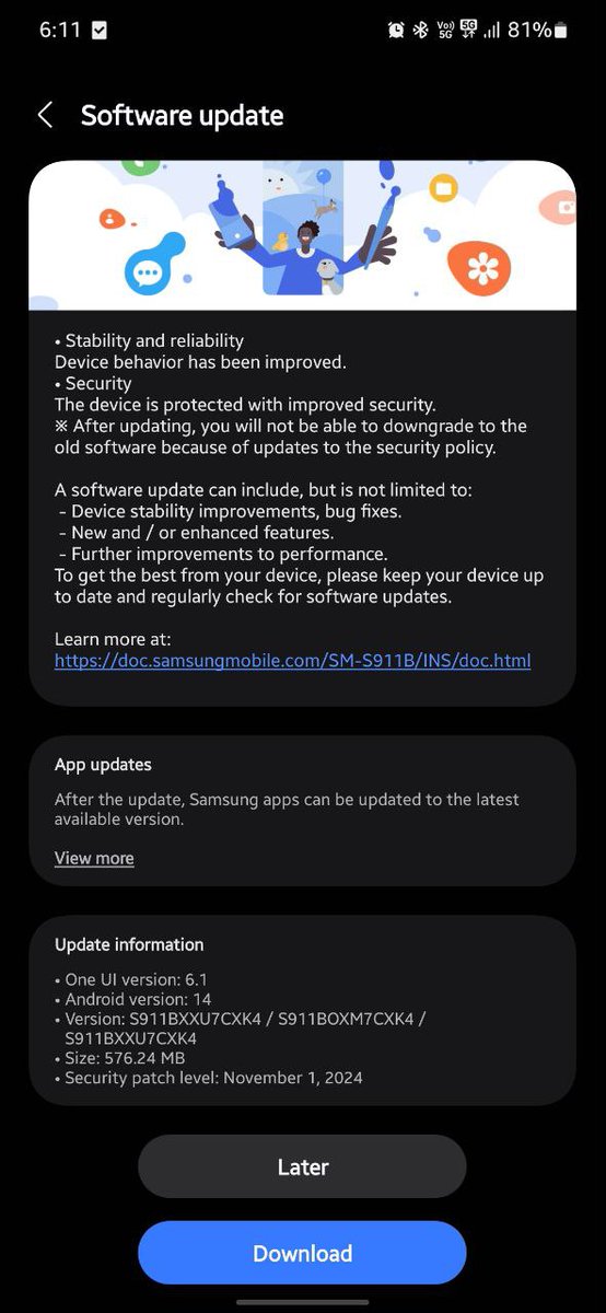 tarunvats33's tweet image. Galaxy S23 series has started receiving the November patch update in India 🇮🇳 

Build versions: S918BXXU7CKK4/ S918BOXM7CKK4/ S918BXXU7CXK4

Repost 

#GalaxyS23 #GalaxyS23Ultra #OneUI6 #OneUI #Samsung