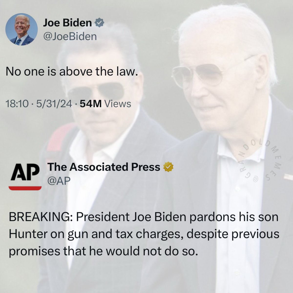 VLKTNews's tweet photo. Biden says “no one is above the law,” yet pardons his son for gun and tax charges. The hypocrisy is staggering, and Americans see right through it.

#HunterBiden #BidenPardon #DoubleStandards https://t.co/OX2Z9Y3EWY