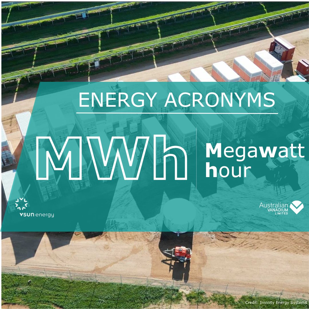VSUN Energy (@vsunenergy) on Twitter photo Acronyms are commonplace in any industry, but their meanings aren't always clear.
MWh - Megawatt hour is a unit of measure but is also used, from battery perspective, to describe the amount of energy that can be stored and deployed.
#vanadium #VFB $AVL <a href="/InvinityEnergy/">Invinity Energy Systems</a> Acronyms are commonplace in any industry, but their meanings aren't always clear.
MWh - Megawatt hour is a unit of measure but is also used, from battery perspective, to describe the amount of energy that can be stored and deployed.
#vanadium #VFB $AVL <a href="/InvinityEnergy/">Invinity Energy Systems</a>