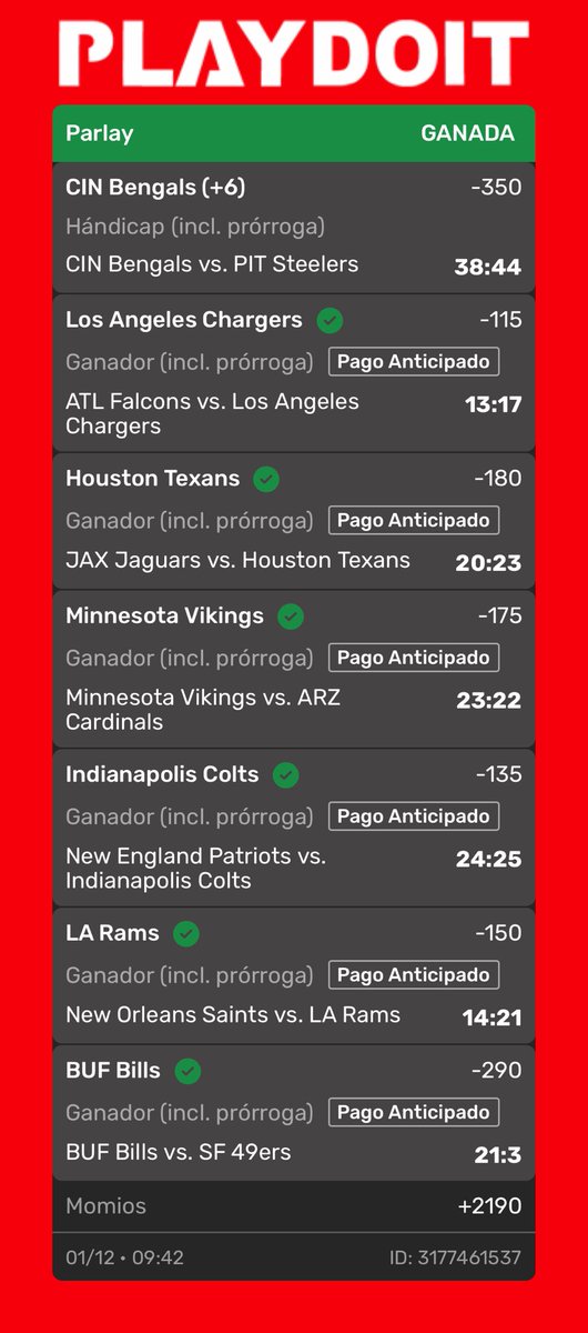 naimwv's tweet photo. 🚨¡¡SEGUNDO PARLAY +2190 DE NFL COBRADO!!🚨🏈

INCREÍBLE inicio de nuestro ÚLTIMO mes GRATIS en BetLab, somos un equipo.👊🏻 https://t.co/becv5lwRkd