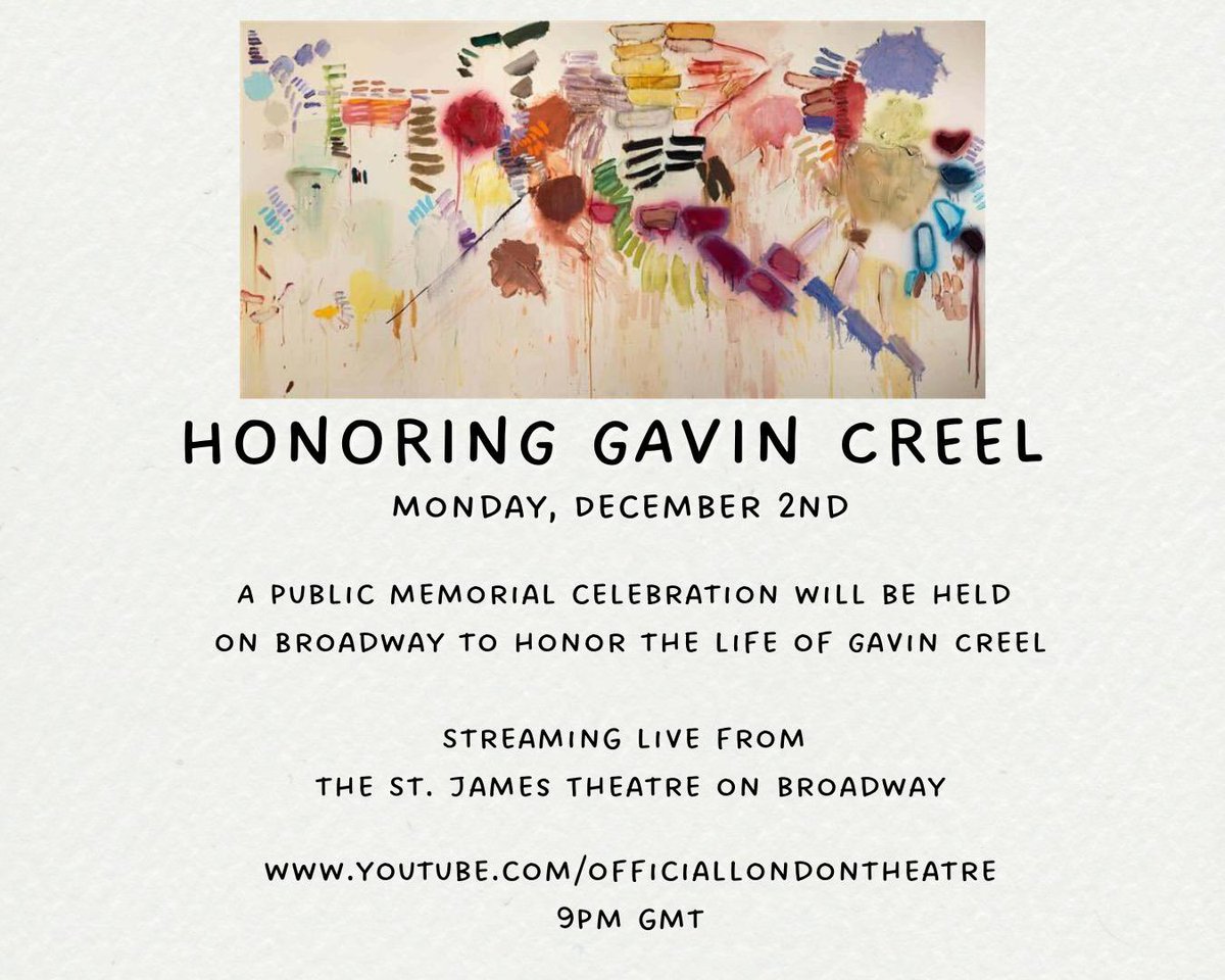 The memorial for Gavin Creel is streaming live at
4pm ET from the St. James Theater. 
There are two links, one for the USA and one for the UK

The US link is youtube.com/live/y6U7LKV7N…

The UK is youtube.com/live/0yWlMf3vP…
