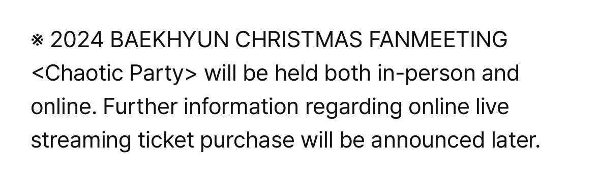 Baekhyun's 2024 Christmas Fanmeeting, Chaotic Party, will have live streaming online too!!!

#BAEKHYUN <a href="/B_Hundred_hyun/">Baekhyun_EXO</a>
