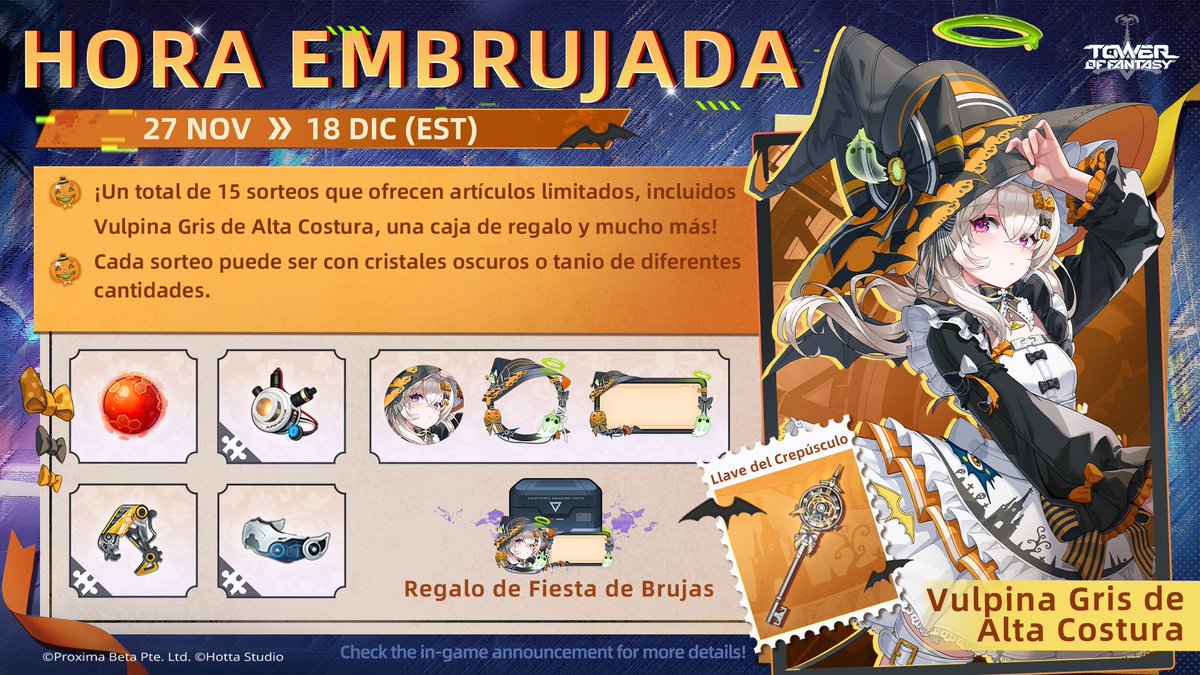 #TowerofFantasy ⚔ Gachapón Hora Embrujada

▶ Periodo del evento: 2hasta el 18 de diciembre (EST)

▽ Conoce a la bruja en la Fiesta de las Brujas: se interpretará a sí misma.🪄🔮

¡No te pierdas los artículos exclusivos!

#ToF