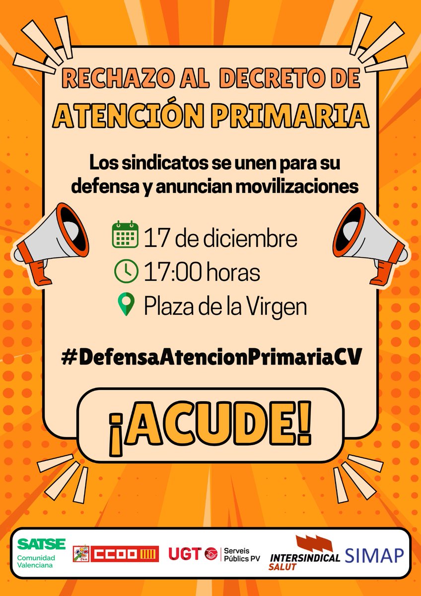 SATSE_CV's tweet photo. Rechazo al Decreto de Atención Primaria de la @GVAsanitat 
Los sindicatos se unen para la #defensaatencioprimariacv y anuncian movilizaciones
📆 17 de diciembre 2024
⌚️17.00 horas
🟢 Plaza de la Mare de Déu (Valencia) https://t.co/ECuzCKCDhv