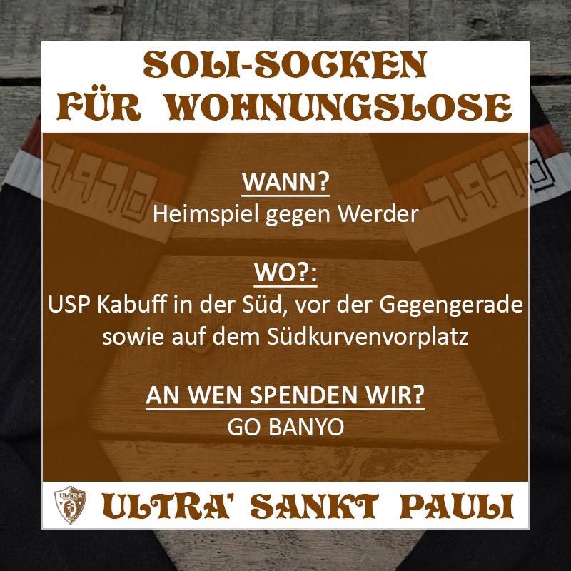 UltraFCSP2002's tweet image. Moin Sankt Pauli Fans,
die Situation für Menschen auf der Straße wird also auch diesen Winter wieder schwierig bis lebensgefährlich. Daher wollen beim Heimspiel gegen Werder mit einer Soli-Socken Aktion Spenden generieren. #fcsp
usp.stpaulifans.de/2024/12/soli-s…