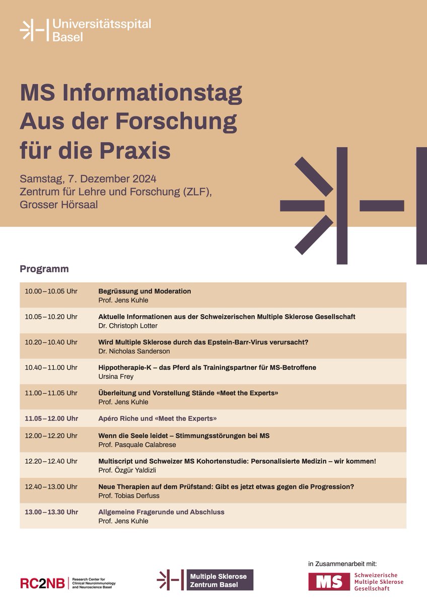 oin us this Saturday! 🌟

Be part of “Learning from Patient Care for Research &amp; Therapies,” hosted by the MS Center &amp; RC2NB.

📅 Dec 7, 2024
📍 ZLF, University Hospital Basel
🔹 Insights on MS research
🔹 Latest treatments
🔹 Community connections
Check out the agenda below!