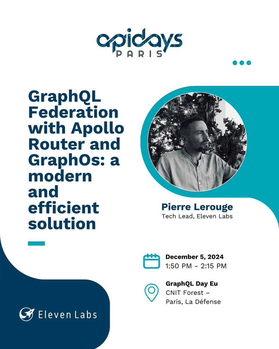 Eleven Labs (@eleven_labs) on Twitter photo Pierre, Tech Lead, will be giving a talk at <a href="/APIdaysGlobal/">apidays Global</a> on Thursday, December 5th, during the GraphQL Day session!
He will talk about "GraphQL Federation with Apollo Router and GraphOs: a modern and efficient solution" at 1:50 PM 📅
Join him at CNIT Forest in Paris La Défense! Pierre, Tech Lead, will be giving a talk at <a href="/APIdaysGlobal/">apidays Global</a> on Thursday, December 5th, during the GraphQL Day session!
He will talk about "GraphQL Federation with Apollo Router and GraphOs: a modern and efficient solution" at 1:50 PM 📅
Join him at CNIT Forest in Paris La Défense!