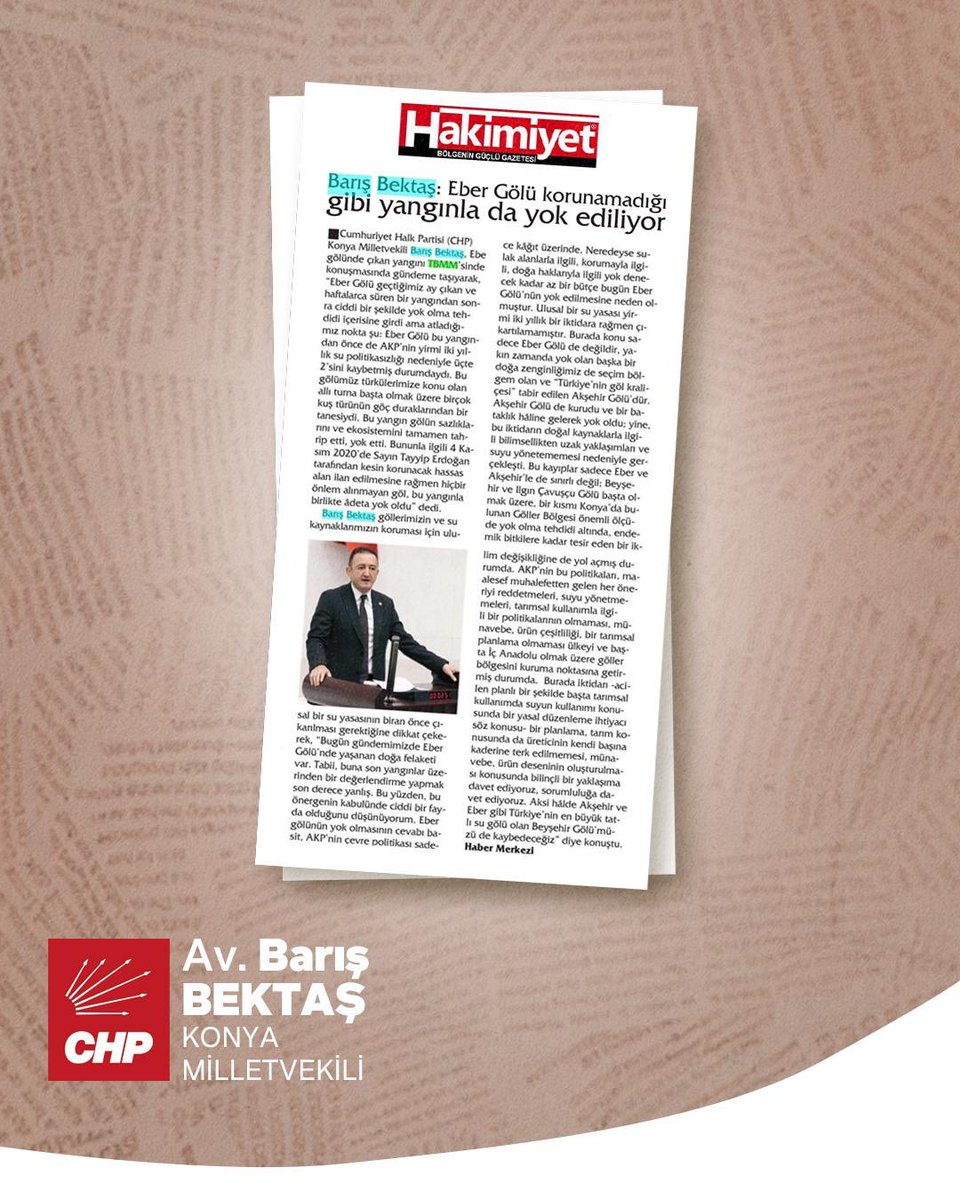 bektasbaris's tweet image. 📰 Eber ve Akşehir Göllerinin iktidarın çevre düşmanı politikaları sonucu yok oluşunu TBMM Genel Kurulu’nda anlattığım konuşmam yazılı basında geniş yer buldu. #Eber #Akşehir