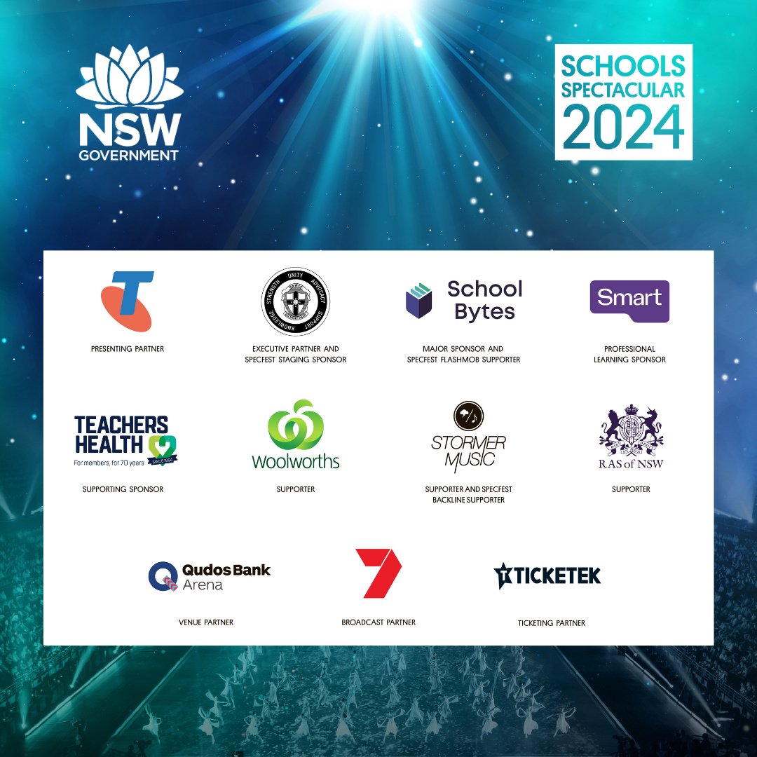 Schools Spectacular (@schoolsspec) on Twitter photo Thanks to our spectacular sponsors, in-kind supporters and event partners for their support of Schools Spectacular 2024: <a href="/Telstra/">Telstra</a>, <a href="/TeachersFed/">Teachers Federation</a>, @SchoolBytesau, <a href="/SmartsalaryApps/">Smartsalary Apps</a>, Teachers Health, <a href="/woolworths/">Woolworths</a>, <a href="/StormerMusic/">Stormer Music</a>, <a href="/RAS_NSW/">RASNSW</a>, <a href="/qudosbankarena/">Qudos Bank Arena</a>, <a href="/Channel7/">Channel 7</a> and <a href="/Ticketek_AU/">Ticketek Australia</a>. Thanks to our spectacular sponsors, in-kind supporters and event partners for their support of Schools Spectacular 2024: <a href="/Telstra/">Telstra</a>, <a href="/TeachersFed/">Teachers Federation</a>, @SchoolBytesau, <a href="/SmartsalaryApps/">Smartsalary Apps</a>, Teachers Health, <a href="/woolworths/">Woolworths</a>, <a href="/StormerMusic/">Stormer Music</a>, <a href="/RAS_NSW/">RASNSW</a>, <a href="/qudosbankarena/">Qudos Bank Arena</a>, <a href="/Channel7/">Channel 7</a> and <a href="/Ticketek_AU/">Ticketek Australia</a>.