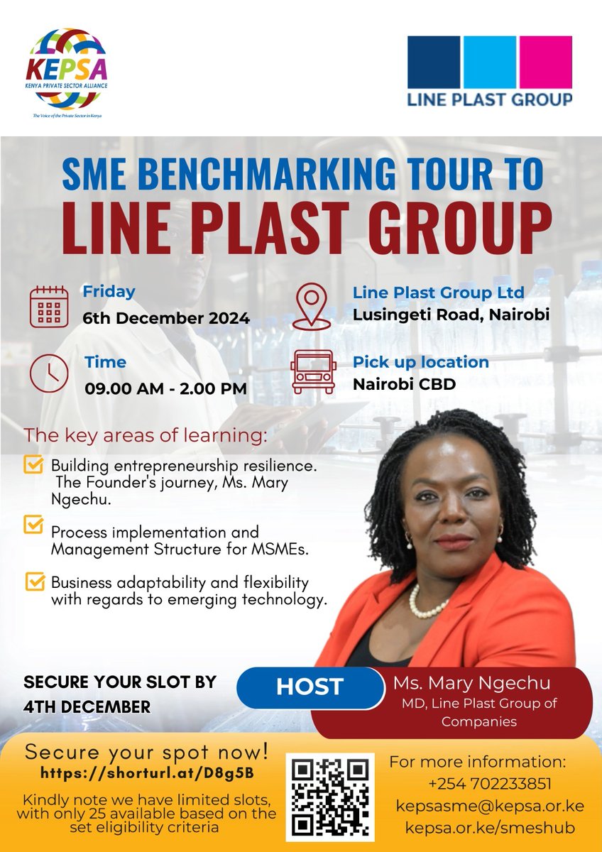 Join us on Friday, 6th December 2024, at 9 Am for an exciting SME Benchmarking Tour at Line Plast Group, hosted by the inspiring Ms. Mary Ngechu, MD of Line Plast Group of Companies.
Click to register: docs.google.com/forms/d/e/1FAI…
For more details: Call +254 702233851 
#KEPSASME