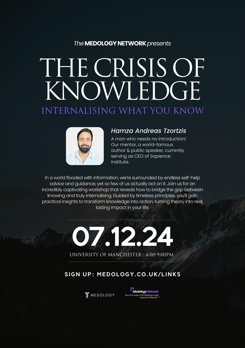 📢 Through experience, consultation, engaging with students of knowledge and being inspired by our scholarly tradition, I have put together an important seminar detailing 12 ways on how to internalise what you know.

🚨 There are limited tickets available.

🧠 The Crisis of