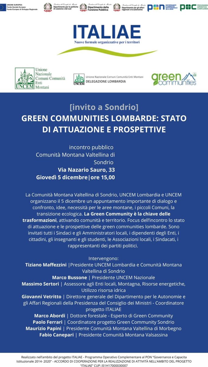 Giovedì 5 dicembre alle 15 a #Sondrio un'occasione di confronto sullo stato di attuazione delle #greencommunity lombarde.

#greencommunity #sostenibilità #Montagna #lombardia #valtellina #sondrio #transizioneecologica #green #energia #efficienzaenergetica
