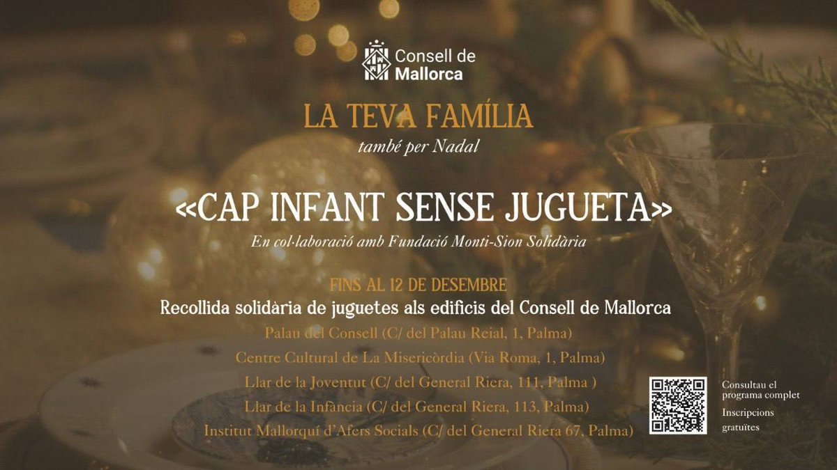 🧸Recollida solidària de juguetes als edificis del Consell de Mallorca 

👐Col·laboram amb la <a href="/FMontisionS/">Fundació Monti-Sion Solidària</a> en el programa «Cap infant sense jugueta»

📅 Fins al 12 de desembre