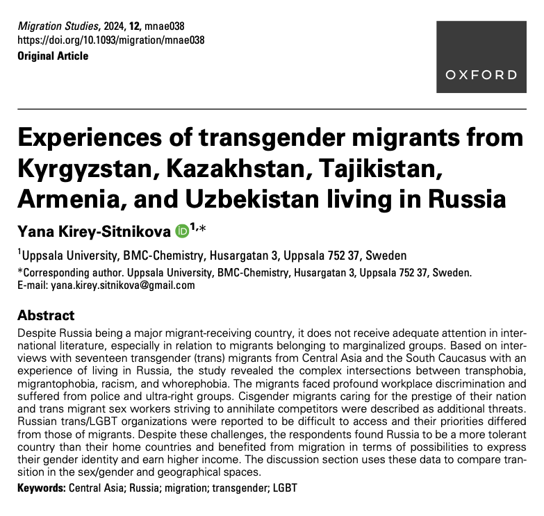 What are the experiences of transgender (trans) migrants in Russia?  Drawing from interviews, Yana Kirey-Sitnikova reveals the complex intersections between transphobia, migrantophobia, racism, and whorephobia.

doi.org/10.1093/migrat…

#OpenAccess