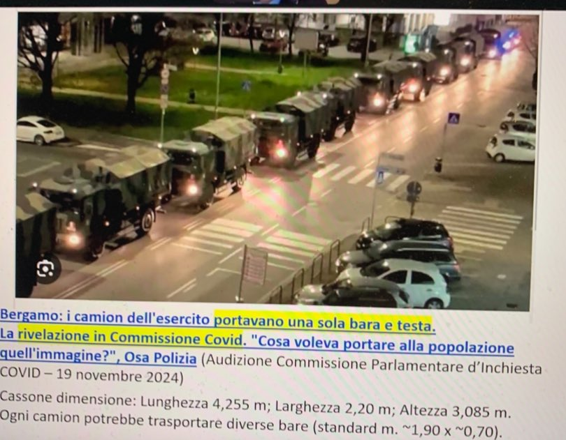 cris_cersei's tweet photo. It shocked the world. This apocalyptic image arrived from Italy at the beginning of the pandemic: military trucks carrying coffins of #Covid deaths.☹️
10 days ago, in a parliamentary hearing, the Police admitted that those trucks were empty. It was a set-up.😱 https://t.co/KBWz12T1El