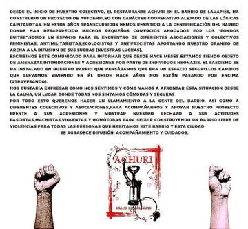 Antifaxismoa's tweet photo. Madrid: El Bar Achuri de Lavapiés denuncia "ataques y amenazas" neonazis 

Desde Euskal Herria nuestro apoyo y solidaridad 

https://t.co/vuSGiLimWF 

@xlavapies @FAnselmoLorenzo @MadresCR
@muguruzafm @Antifaxismoa
@MadridDecadente @LavapiesRadio
@AntifaMadrid @lavillanavk https://t.co/zrJy4iLEbz