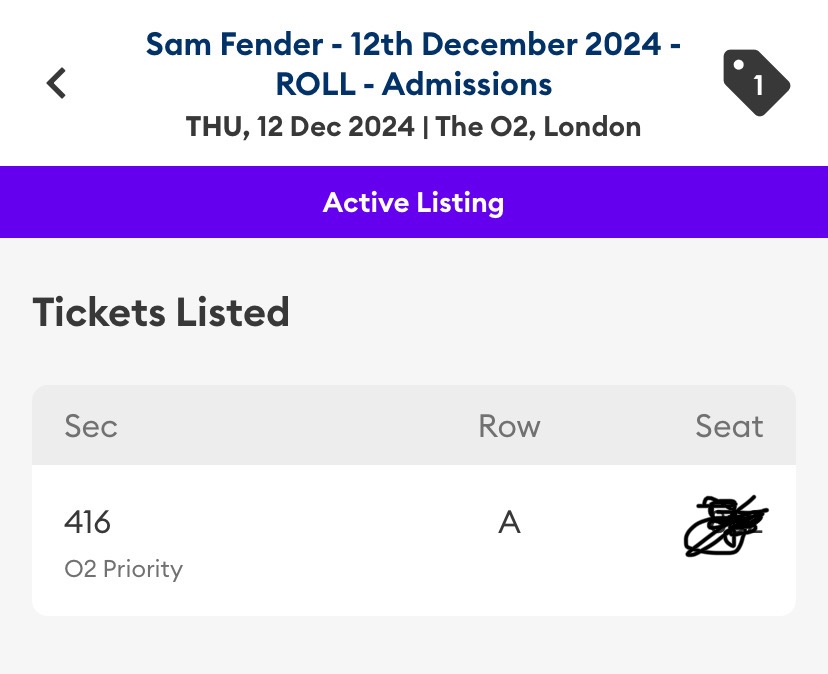 RayPletts's tweet photo. @samfendermusic Ticket available for @samfendermusic @TheO2 on 12th Dec available via @AXS_UK app. Search now on AXS to buy for £74 #fender #o2 #tickets #livemusic #london #samfender https://t.co/Q3AaWw0rzV