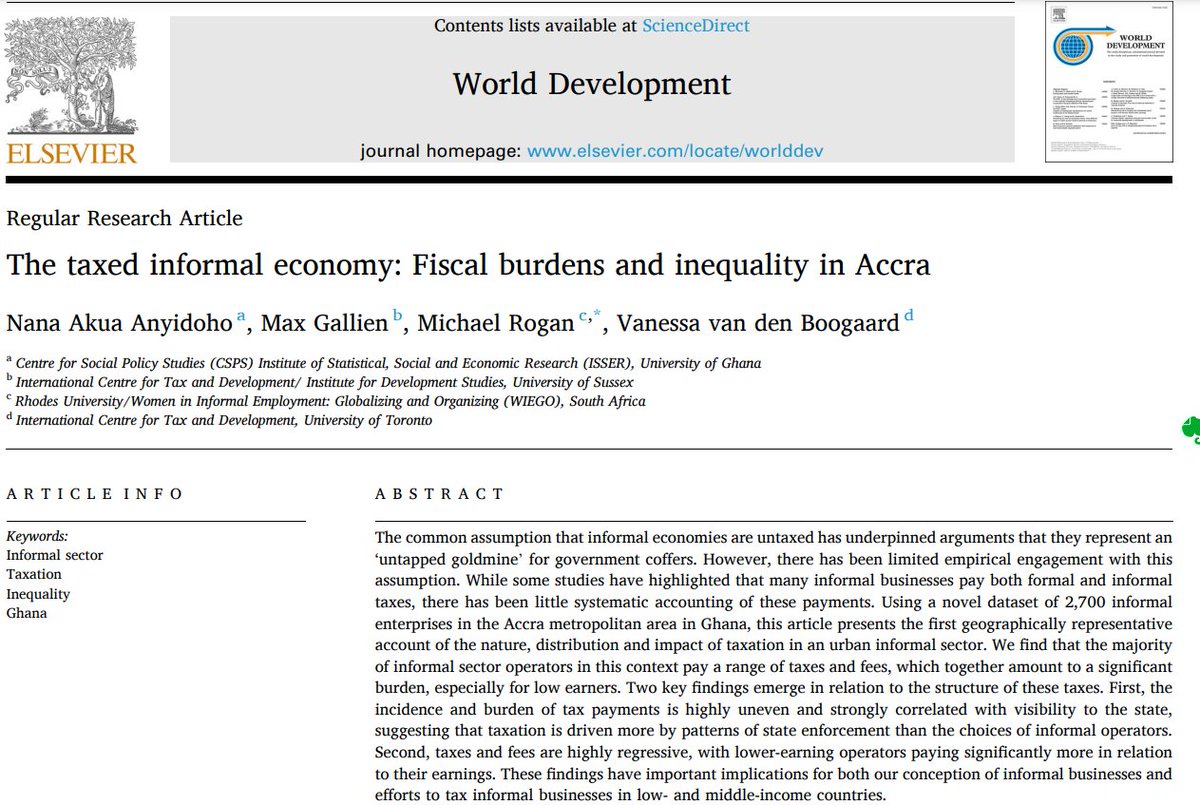 Max Gallien (@maxgallien) on Twitter photo 📰NEW PAPER One common misconceptions about informal economies is that they do not pay taxes. In our new <a href="/WorldDevJournal/">World Development</a> article we use a survey of 2500 informal workers in Accra to show that tax burdens can be very real, highly regressive, and skewed:
authors.elsevier.com/c/1kC54,6yxDST… 📰NEW PAPER One common misconceptions about informal economies is that they do not pay taxes. In our new <a href="/WorldDevJournal/">World Development</a> article we use a survey of 2500 informal workers in Accra to show that tax burdens can be very real, highly regressive, and skewed:
authors.elsevier.com/c/1kC54,6yxDST…