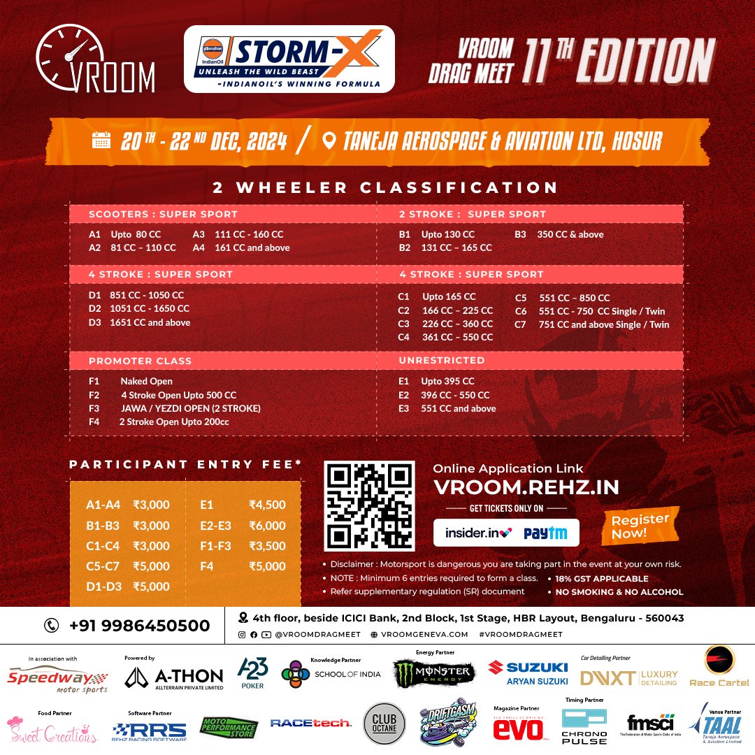 2 Wheeler Classification!!!

IndianOil Storm X Presents🏁
Vroom Drag Meet 11th Edition 2024 &amp; FMSCI Indian National Drag Racing Championship - 4W!

Register NOW on VROOM.REHZ.IN and grab your tickets exclusively on
Insider &amp; Paytm - bit.ly/vroom11-ticket…