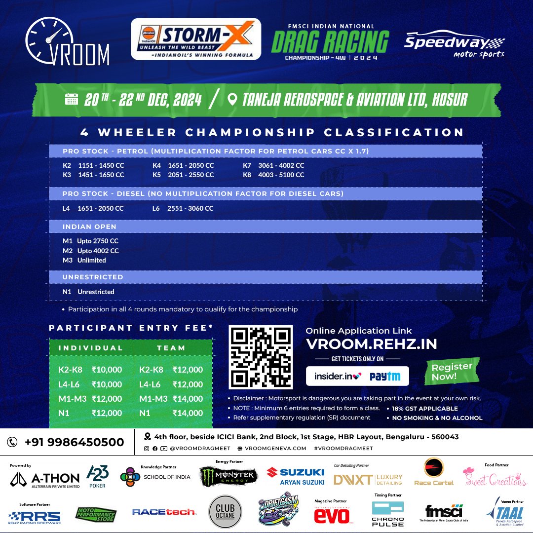 4 Wheeler Championship Classification!!!

🏁 IndianOil Storm X Presents 🏁
FMSCI Indian National Drag Racing Championship - 4W &amp; Vroom Drag Meet 11th Edition 2024!

Ready to unleash the beast?

Register at vroom.rehz.in
Tickets - bit.ly/vroom11-ticket…
<a href="/IOCLTamilnadu/">IOCL Tamilnadu</a>