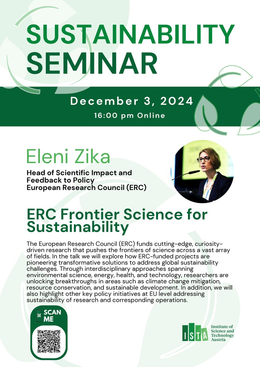 Jeroen Dobbelaere (@jeroendobbelae5) on Twitter photo Join the <a href="/ISTAustria/">ISTAustria</a> Sustainability Lecture tomorrow at 16.00 (CET). Dr <a href="/EleniZika/">Eleni Zika</a> for the ERC will talk about how the ERC is integrating sustainability into their funding. Link in the Poster. Join the <a href="/ISTAustria/">ISTAustria</a> Sustainability Lecture tomorrow at 16.00 (CET). Dr <a href="/EleniZika/">Eleni Zika</a> for the ERC will talk about how the ERC is integrating sustainability into their funding. Link in the Poster.
