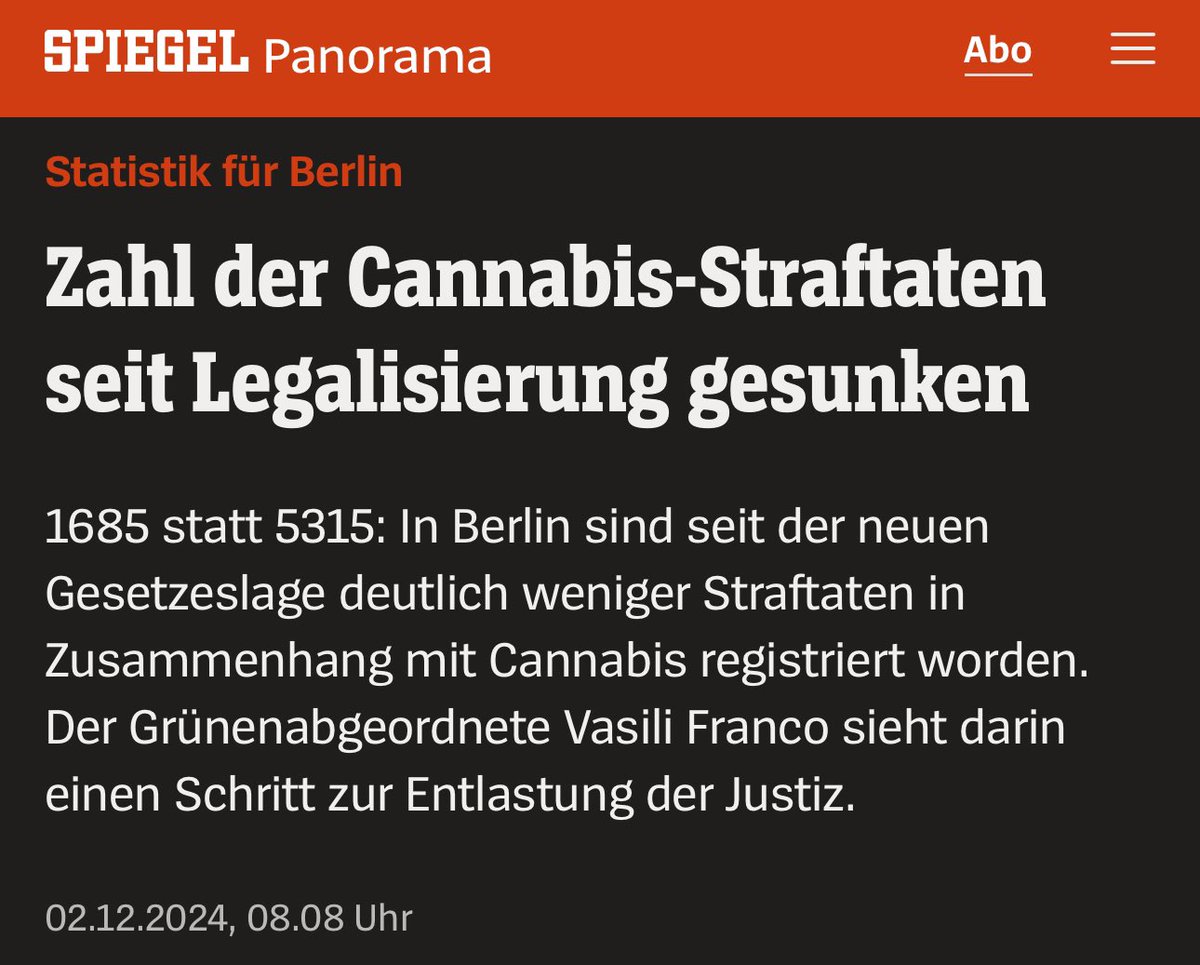 #Cannabis-Straftaten stark zurückgegangen.

In den sechs Monaten von April-Oktober 2024 ist in Berlin die Anzahl an Straftaten im Zusammenhang mit Cannabis um fast 70% gegenüber dem Vorjahr zurück gegangen.

Eine fette Entlastung für #Polizei und #Justiz.
🥦