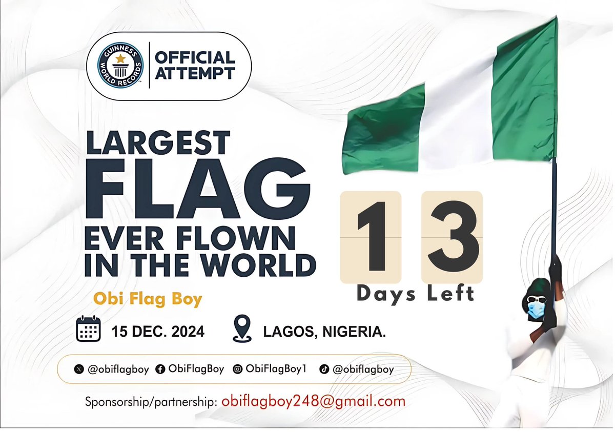 GbolahanAwolesi's tweet photo. We are getting closer to the D-Day .โ
#GA #SupportOurFlagBoy #LargestFlagEverFlown #NaijaToTheWorld #BeaconOfHope #GuinnessWorldRecord #13daystogo https://t.co/emGRrJheRo