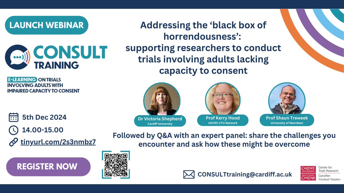 Victoria Shepherd (@vickylshepherd) on Twitter photo 🚨4 days left🚨until our webinar introducing the CONSULT e-learning on trials involving adults with impaired capacity to consent plus an opportunity to ask our expert panel about key challenges you encounter
📆5th Dec
🕑2-3pm
🔗register tinyurl.com/2s3nmbz7
<a href="/CTRCardiffUni/">CTRCardiffUni</a> 🚨4 days left🚨until our webinar introducing the CONSULT e-learning on trials involving adults with impaired capacity to consent plus an opportunity to ask our expert panel about key challenges you encounter
📆5th Dec
🕑2-3pm
🔗register tinyurl.com/2s3nmbz7
<a href="/CTRCardiffUni/">CTRCardiffUni</a>