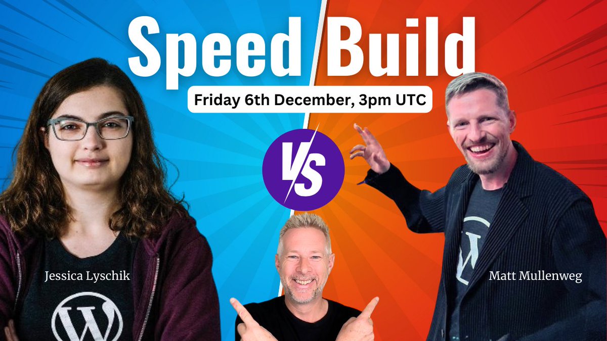 Friday 6th December, 3pm UTC 👀👇

Come and watch <a href="/jessicalyschik/">Jessica Lyschik</a> and <a href="/photomatt/">Matt Mullenweg</a> as they battle it out against each other and the clock to recreate a famous website in just 30 minutes!

Live on the jamiewp YouTube channel 💪