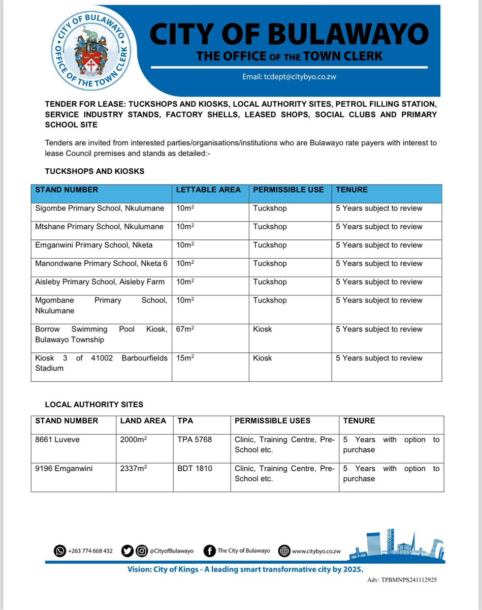 CityofBulawayo's tweet photo. Notice:- Leased Properties in the City of Bulawayo. https://t.co/mQCLNP8TIy