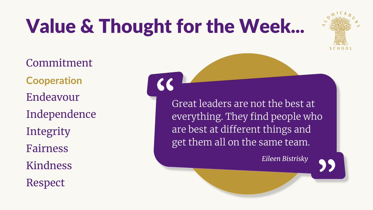 aldwickbury's tweet photo. Value and Thought for the Week

This week we are exploring the value 'Cooperation' and shared this quote by Eileen Bistrisky.

#aldwickburyvalues #Cooperation https://t.co/zwqleNDN2Z