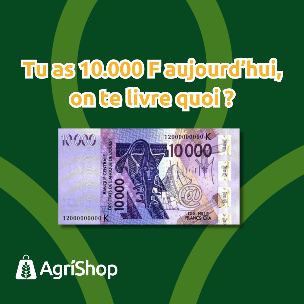 agrigarbal's tweet photo. Imagine tu as ce billet de 10.000 FCFA en ce début de semaine, que peux-tu bien commander sur AgriShop aujourd'hui👀 ? 

Commande &amp; livraison : 📞 +227 82 82 16 06 | 🌐 https://t.co/Iuo81i5LRd

Nous livrons votre quotidien 😉 https://t.co/BqB5jmQTEt