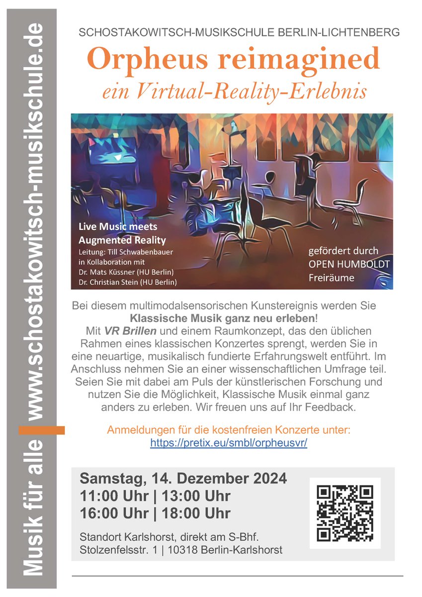 Mats Küssner (@matskussner) on Twitter photo 🎶 Wir starten in die nächste Runde! Erlebe *Orpheus reimagined* am 14.12. in #Berlin! Glucks Meisterwerk in VR – völlig neu interpretiert! 📷 Anmeldung: pretix.eu/smbl/orpheusvr/
Gefördert durch <a href="/BerlinUAlliance/">Berlin University Alliance</a> im #OpenHumboldt Freiräume-Programm der <a href="/HumboldtUni/">Humboldt-Universität zu Berlin</a> #musicscience 🎶 Wir starten in die nächste Runde! Erlebe *Orpheus reimagined* am 14.12. in #Berlin! Glucks Meisterwerk in VR – völlig neu interpretiert! 📷 Anmeldung: pretix.eu/smbl/orpheusvr/
Gefördert durch <a href="/BerlinUAlliance/">Berlin University Alliance</a> im #OpenHumboldt Freiräume-Programm der <a href="/HumboldtUni/">Humboldt-Universität zu Berlin</a> #musicscience
