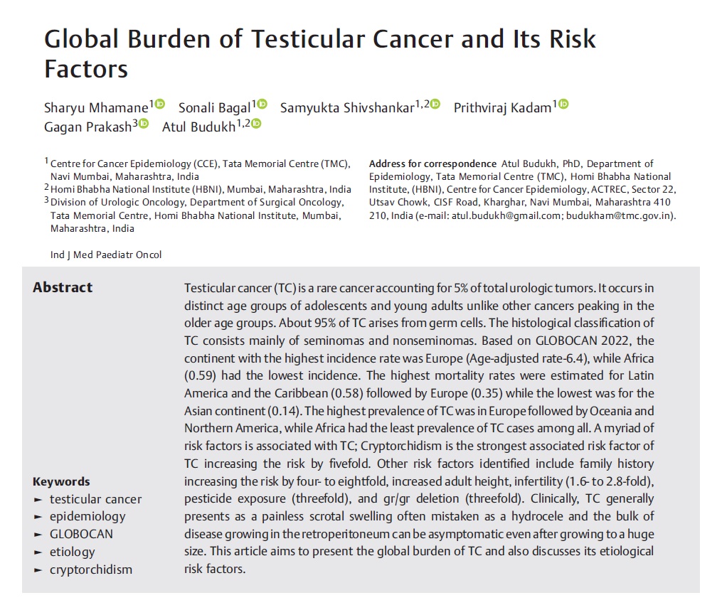 CCE-TMC congratulates the authors for the article ‘Global Burden of Testicular Cancer and its Risk Factors’ published in the Indian Journal of Medical and Paediatric Oncology. The article provides insights into the global burden of testicular cancer, discussing its risk factors.